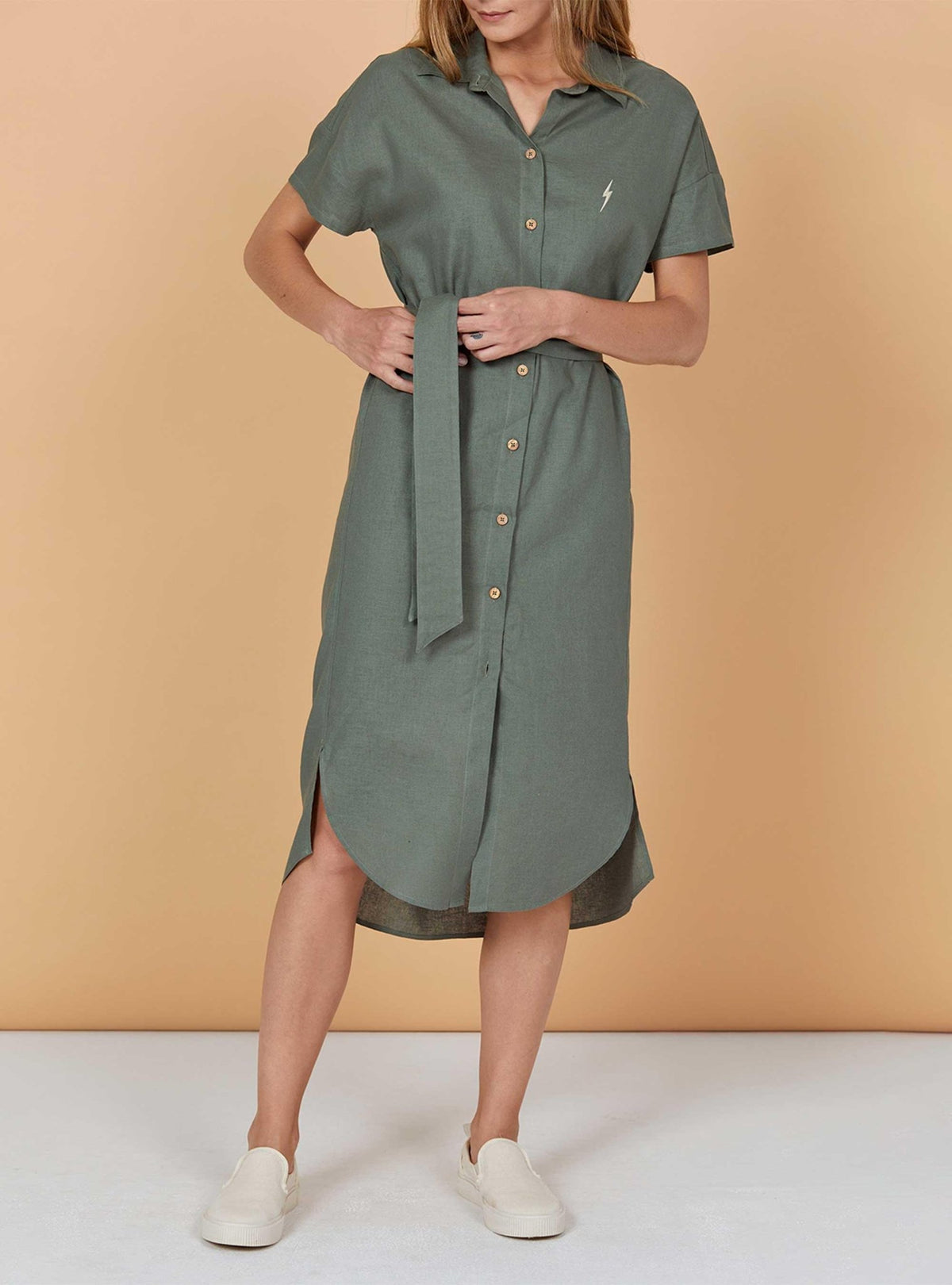 Lightning Bolt - BUTTONED LINEN DRESS IN WITH BELT - 23SWODRE005G63000S